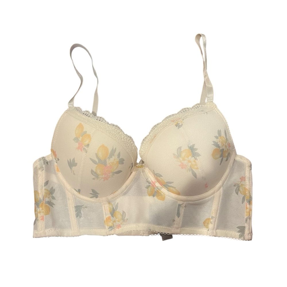 Daisy Fuentes Women's‎ 34B Lace Bra Underwire Boning Floral Lemons Beige Yellow